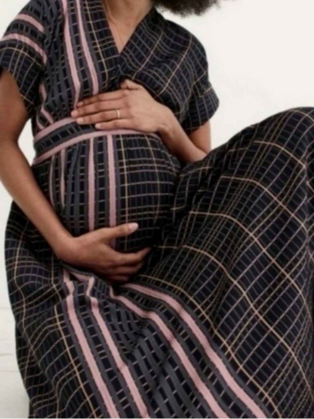 Hatch Black Plaid Maternity Maxi Skirt with Pink Stripes